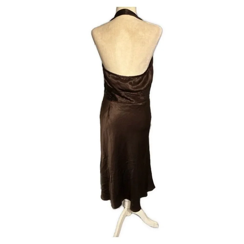 ann taylor New solid brown halter silk V Neck Formal Midi Dress 10 Medium